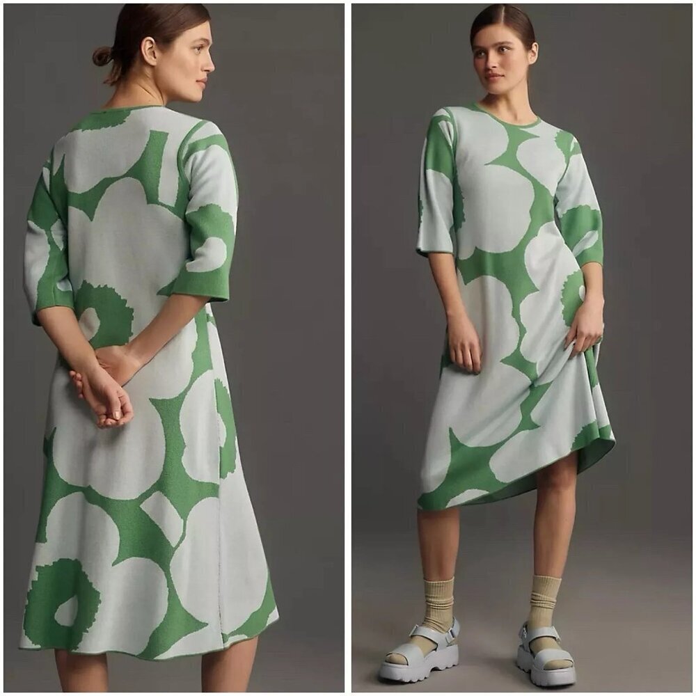 Anthropologie Marimekko Pointti Unikko Knitted Wool Midi Dress Green Size S NWT